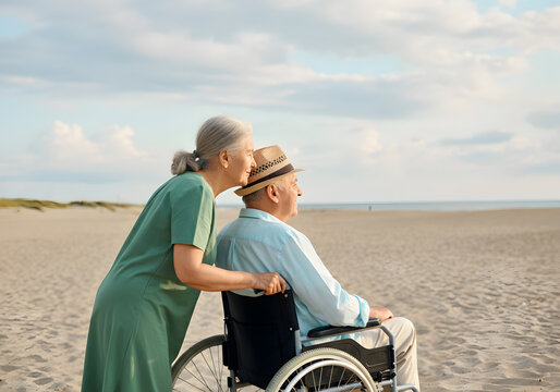 Elderly Caucasian couple sharing tender moment during beach sunset, husband in wheelchair, wife providing caring support and companionship