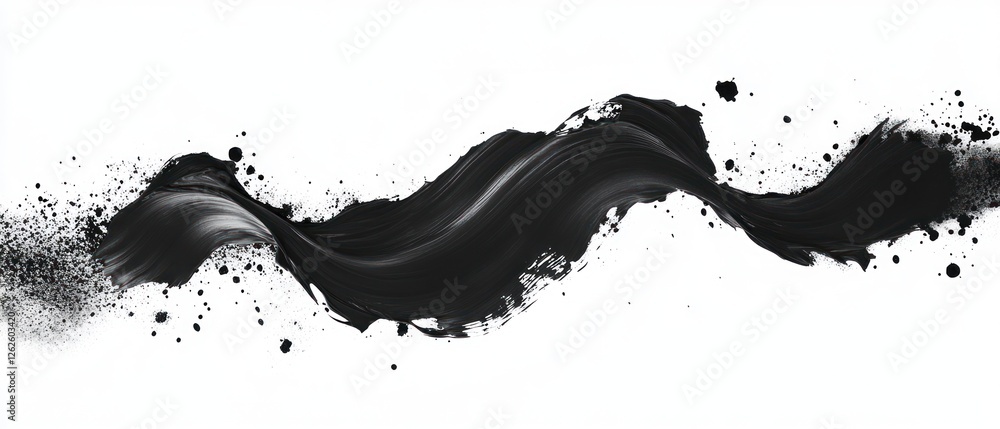 Poster abstract black paint splash creating a dynamic wave effect with scattered particles, ideal for artis