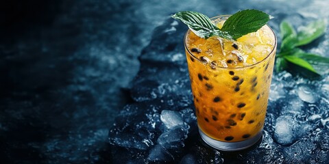 Refreshing passion fruit drink served in a clear glass with mint leaves on a textured dark background
