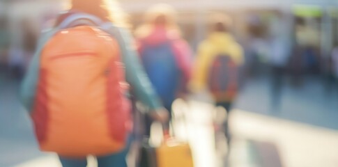 Woman with yellow suitcase walking through airport terminal