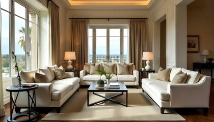 Picture a grand hotel suite with a wide-angle view of its lounge area. White and beige seating with fabric cushions is complemented