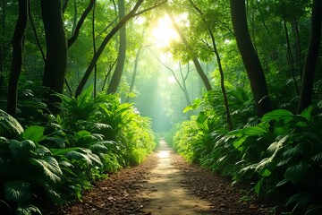 Fototapeta premium Lush Forest Path Sunlight Nature Photography
