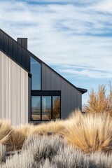 Modern architectural design in a serene landscape featuring a gray angular house surrounded by dry grasses and blue sky showcasing midday light