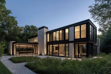 Fototapeta premium The contemporary architectural design showcases an expansive residence that perfectly embodies tranquility, especially during the enchanting twilight hours