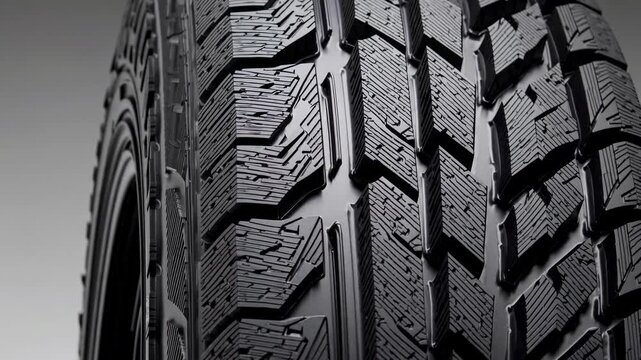 Close-up, low-angle shot of a tire's textured tread pattern, emphasizing durability and grip. Ideal for a promotional video on automotive products.