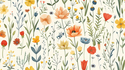 A vibrant floral pattern featuring various colorful flowers and greenery.