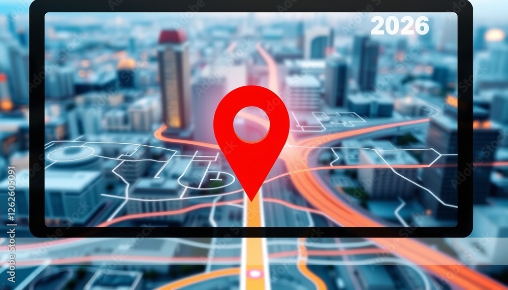 Poster red map pin in cityscape and network connection indicating the city destination on the map and conne