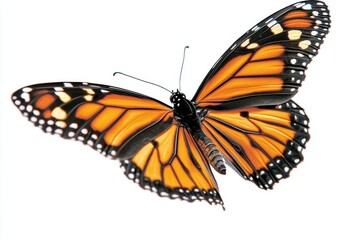 Naklejka premium majestic monarch butterfly mid-flight against pure white background, wings spread wide, intricate detail, professional macro photography