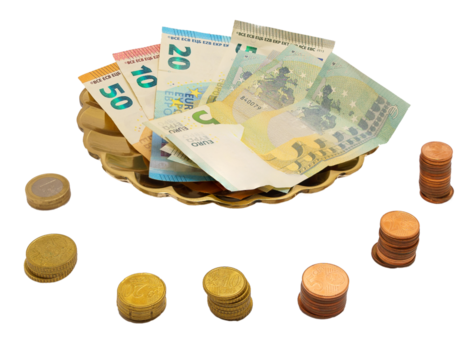 Euro Banknotes and Coins on Decorative Tray