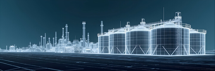 Industrial LNG Liquid Gas Refinery and Storage Tank Facility Petrochemical Energy Power Infrastructure Industry 3D wireframe illustration banner