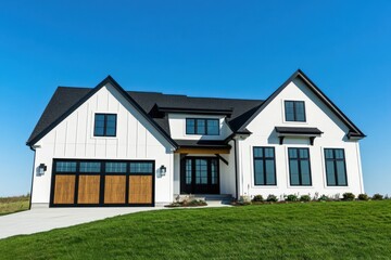 Modern farmhouse with sleek design, situated on a bright sunny day, showcases elegant architecture and well-maintained landscaping in a tranquil suburban setting