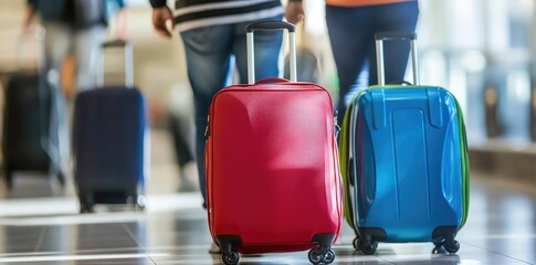 Woman with yellow suitcase walking through airport terminal
