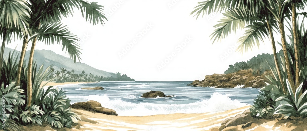 Aufkleber tranquil beach setting features soft waves lapping against the shore, framed by lush palm trees and 