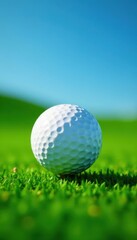 Immaculate golf ball on vibrant green, clear blue sky , recreation, outdoor, game