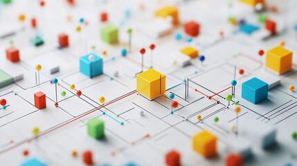 a network of colorful cubes and lines representing data and connections on a white background

