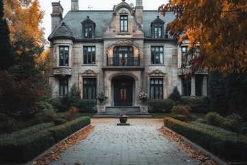 Elegant mansion surrounded by autumn foliage with a meticulously landscaped pathway leading to the entrance during a cloudy day