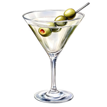 Charming watercolor illustration of a classic martini clipart, isolate on white, with an olive garnish