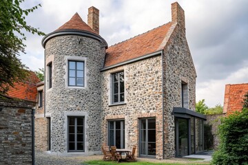 Obraz premium Renovated historic stone house with modern design elements situated in a peaceful countryside setting during a cloudy afternoon