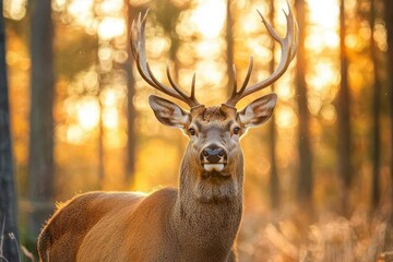 Fototapeta premium majestic stag portrait with detailed antlers, golden hour lighting, misty forest background, and noble pose