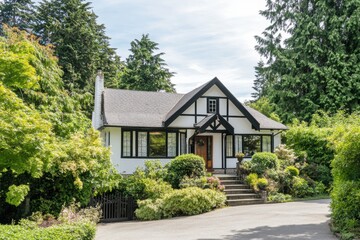 Charming cottage with a welcoming entrance surrounded by lush greenery in a tranquil suburban neighborhood on a sunny day
