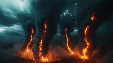 Majestic volcanic eruption with swirling dark smoke and fiery lava streams, illuminated by lightning in dramatic sky. Nature raw power on display