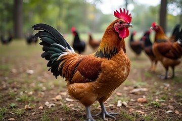 Fototapeta premium Rooster in a Field - Colorful Farm Animal Portrait