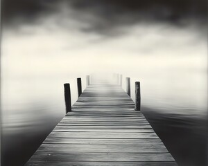 Obraz premium A mysterious wooden pier extending into a foggy, serene body of water.