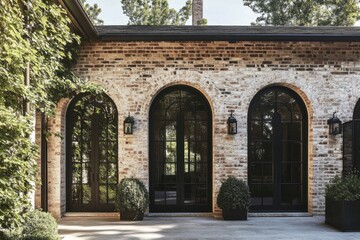 Fototapeta premium Elegant brick exterior with arched windows and lush greenery in a serene outdoor setting, capturing a tranquil moment in early afternoon light