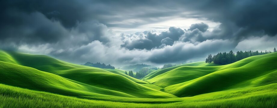 A serene view of rolling green hills under dramatic clouds and soft light.
