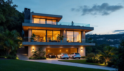 Modern hillside house with concrete and stone architecture, tropical plants, twilight sky.