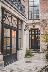Fototapeta premium Charming courtyard featuring elegant black doors and vintage lanterns in a historic building located in a European city during the early evening