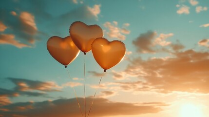 Fototapeta premium Three Heart Shaped Balloons Soar In Sunset Sky