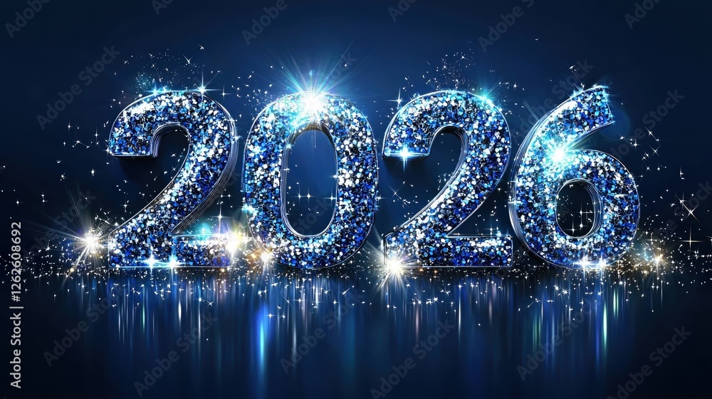 Poster glowing holographic numbers representing happy new year 2026 with sparkling effects and festive atmo