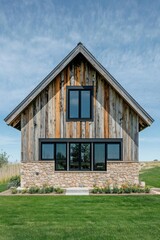 Obraz premium Contemporary wooden house with stone base and large windows surrounded by greenery set against a clear blue sky in a rural location