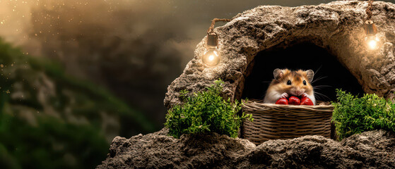 A cute hamster sits in a basket inside a cozy rocky den, surrounded by greenery and soft lighting, creating a warm, enchanting atmosphere.