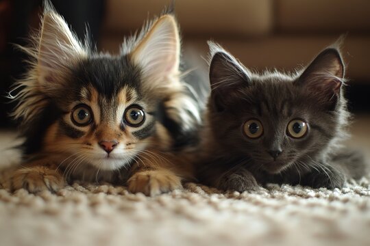 Two adorable kittens, captivating with their big eyes, resting on a soft carpet.  A heartwarming moment of cuteness and innocence. - Powered by Adobe