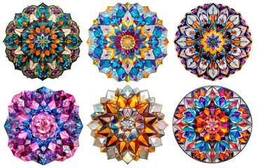 Set of six intricate stained-glass mandalas with gemstone-like details in blue, gold, pink, and multicolor hues, featuring kaleidoscopic symmetry, isolated on a transparent background for design proje
