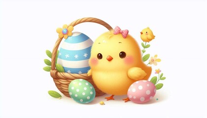Easter cute chick with easter egg on white background