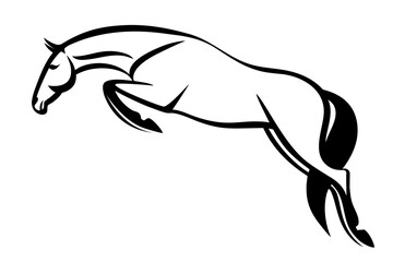 Jumping horse in black and white minimalist line art style, depicting elegance and movement in equestrian sports