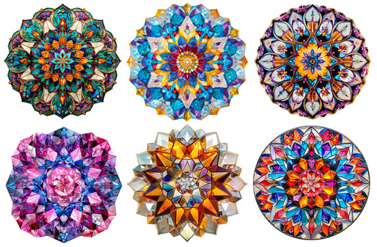 Set of six intricate stained-glass mandalas with gemstone-like details in blue, gold, pink, and multicolor hues, featuring kaleidoscopic symmetry, isolated on a transparent background for design proje
