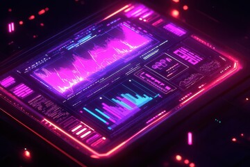 Obraz premium a glowing 3d holographic financial dashboard floating in dark space, displaying neon charts, crypto symbols, and market data with dynamic light trails and depth, ultra-detailed