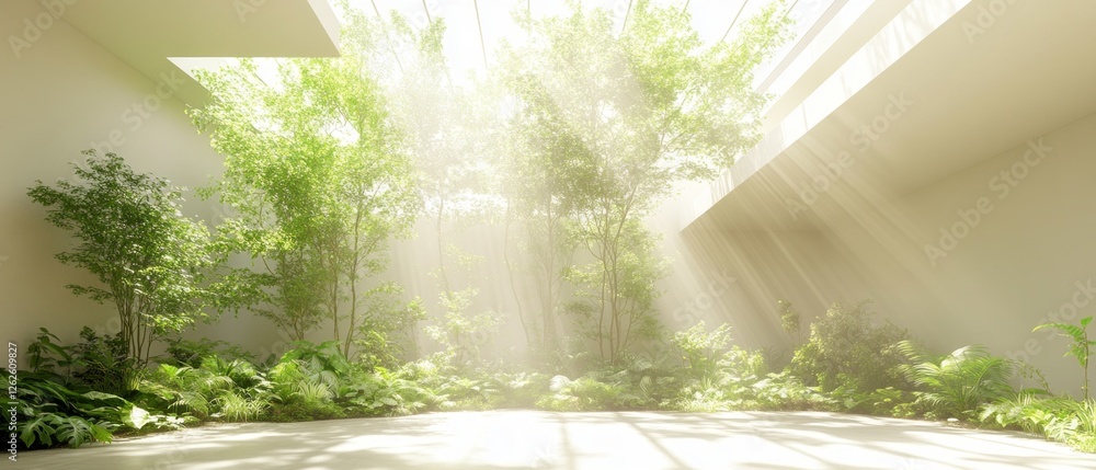 Poster sunlight streams through an open space filled with vibrant plants, creating a tranquil atmosphere th