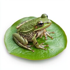 Fototapeta premium A green frog sits on a large leaf, showcasing its vibrant colors and unique patterns, symbolizing nature's beauty. isolated on white background