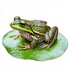 Obraz premium A vibrant green frog sits on a lily pad, showcasing its shiny skin and striking eyes against isolated on white background
