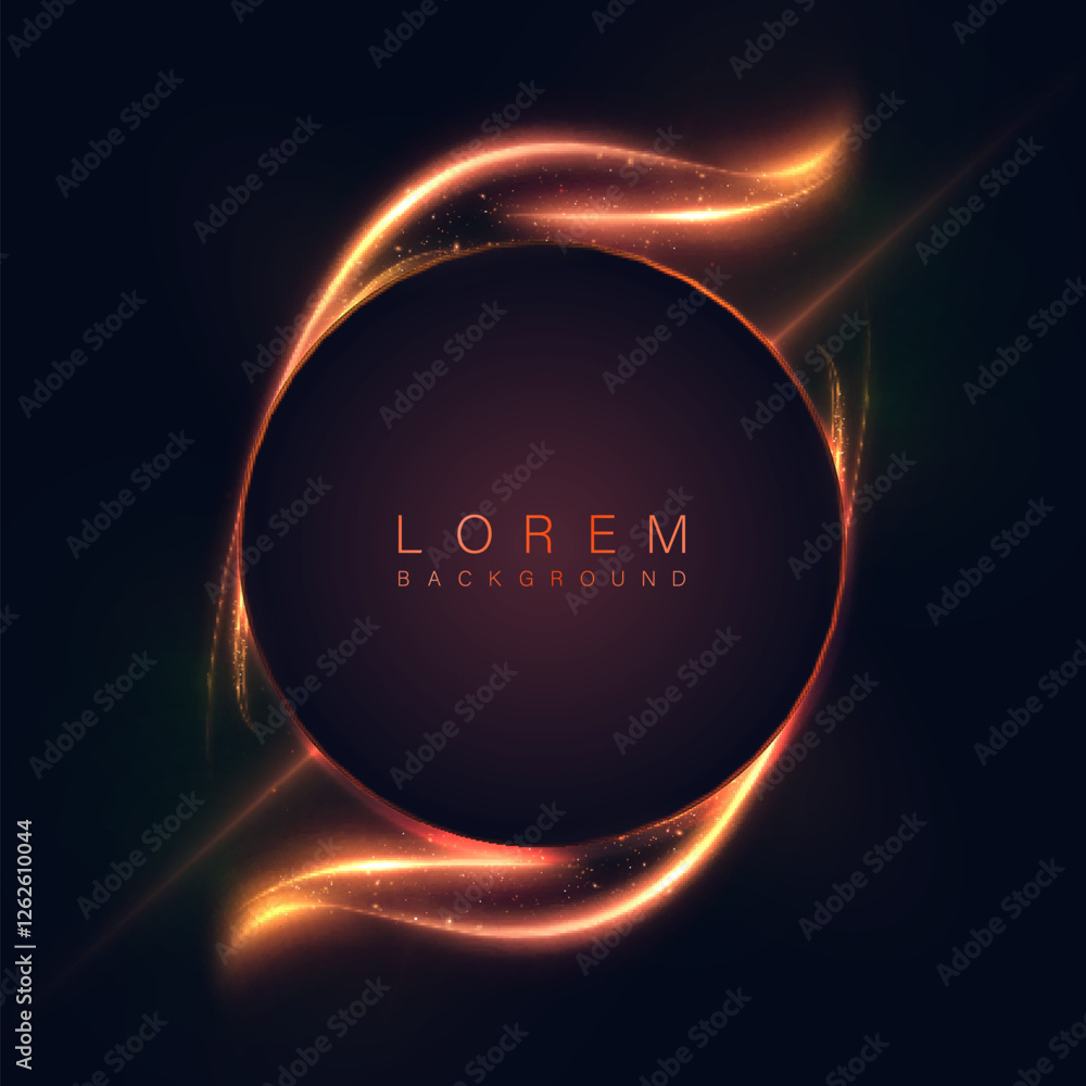 Aufkleber Abstract golden circles glowing in bright light with bokeh and golden glitter particles on black background, luxury vector backdrop.