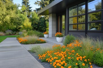 Obraz premium Colorful flowers and modern architecture create a vibrant entrance in a serene suburban garden during the late afternoon