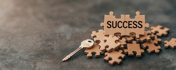Key success think big. A key rests among puzzle pieces with the word "SUCCESS," symbolizing the essential components needed to achieve goals.