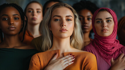 Obraz premium A diverse group of women stands together with their hands placed over their hearts, conveying solidarity and unity
