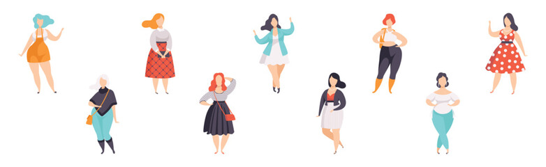 Beautiful Plus Size Woman Character in Fashionable Clothes Vector Set