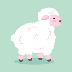 A vector illustration of a cute sheep standing on a green background. 